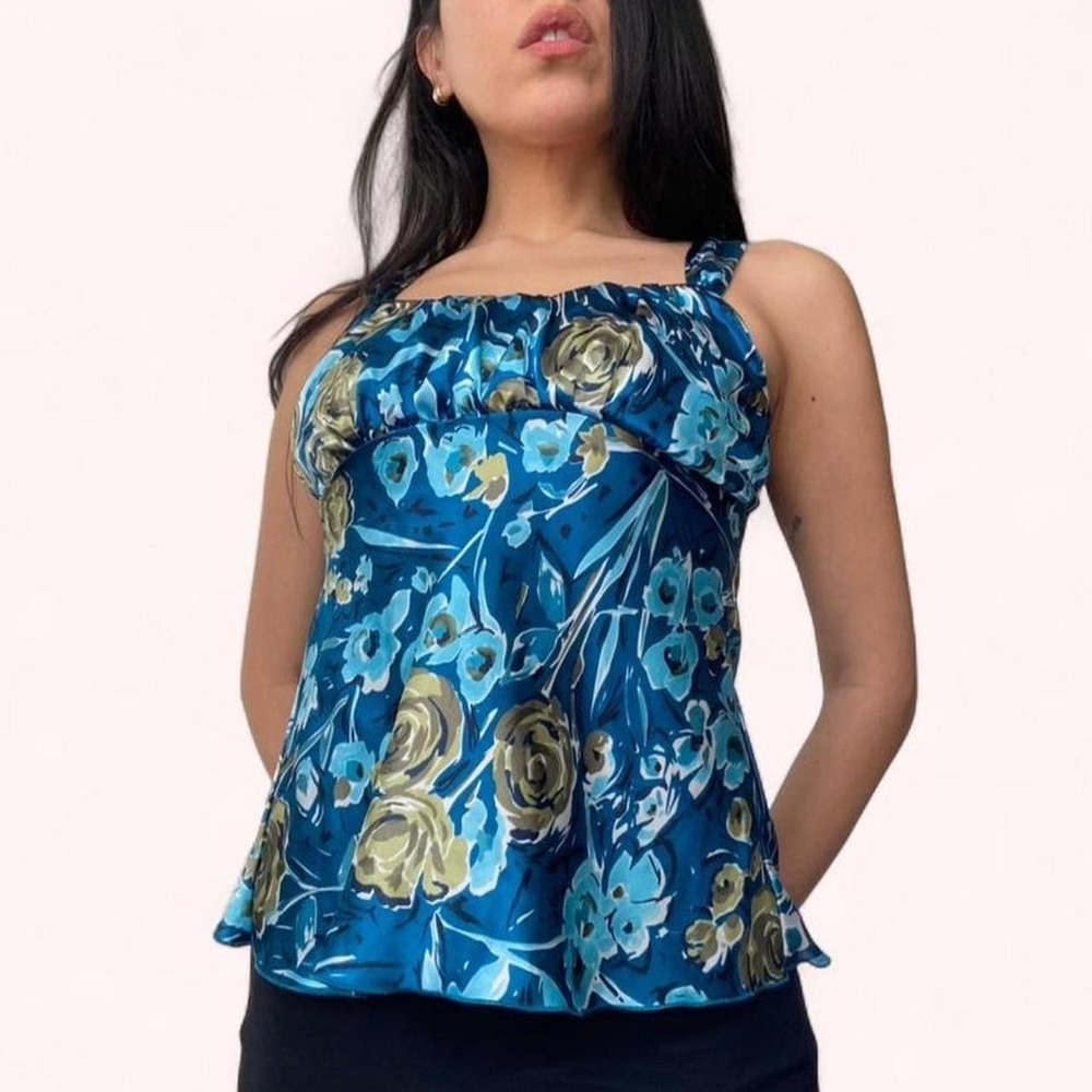 Vintage Y2K Blue Floral Satin Babydoll Top Fairy Coquette Blouse